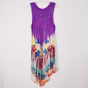 Vibrant Floral Tie-Dye Sleeveless Summer Dress One Size Resortwear Beach